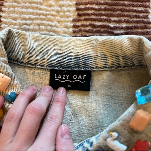 Lazy Oaf Acid Wash Stonewashed Patch Denim Jacket Cats Gemstones Heart Rose - Picture 3 of 6